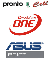 logo prontocell, vodafone one, asus point